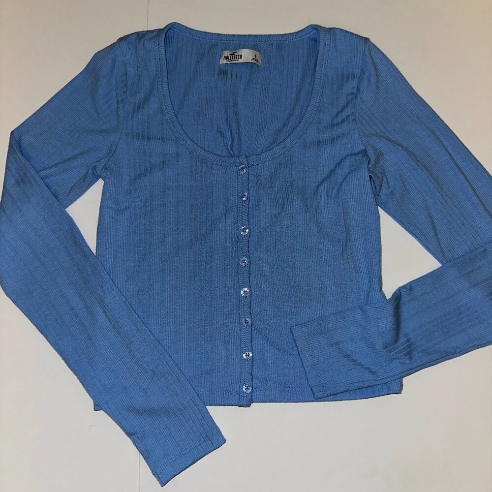Hollister Button Front Crop Top Cardigan Long Sleeve Baby Tee Preppy Ribbed Sz S